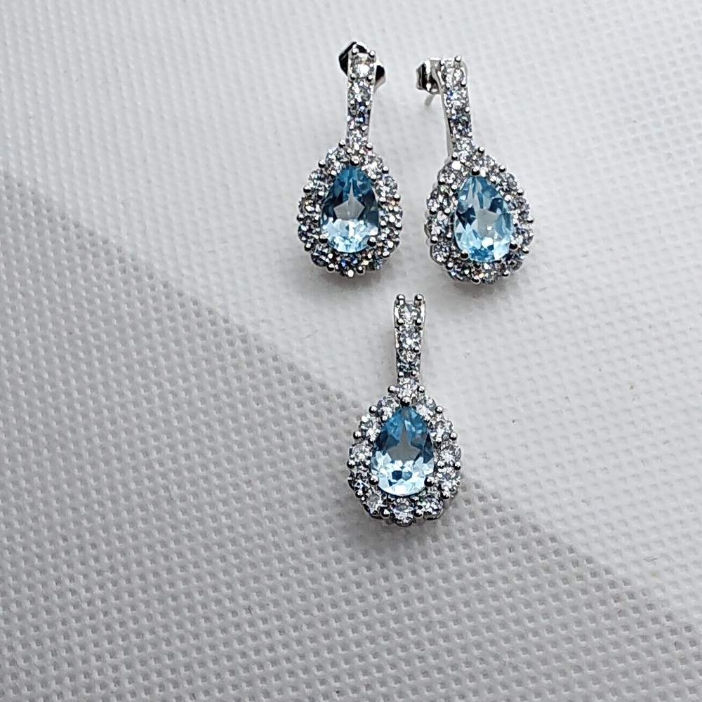 .925 Silver Aquamarine Teardrop Earrings & Pendant Moissonite Gems